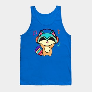 Happy smiling baby raccoon with headphones. Kawaii cartoon Tank Top